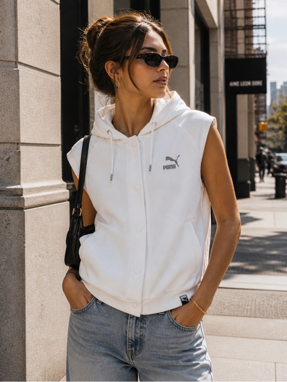 Puma White Sleeveless Hooded Snap Vest